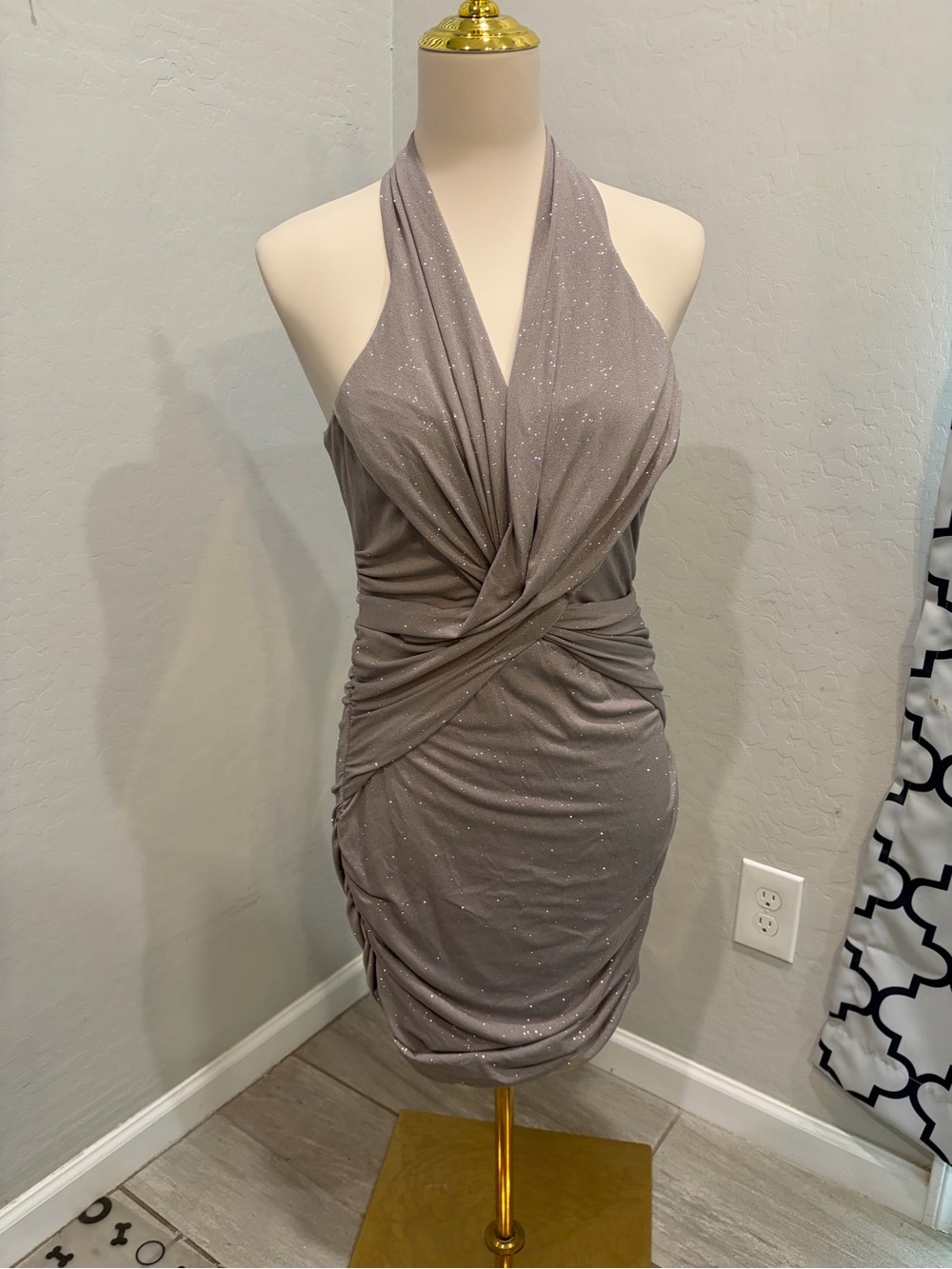 Frederick's of Hollywood in taupe grey Sparkle Halter Ruched Dress